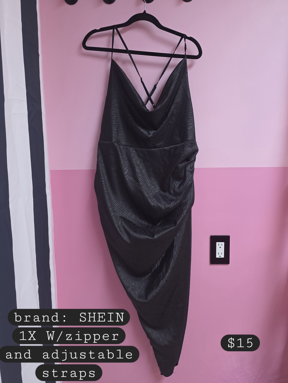 SHEIN Black Draped Midi Slip Dress with Crisscross Straps